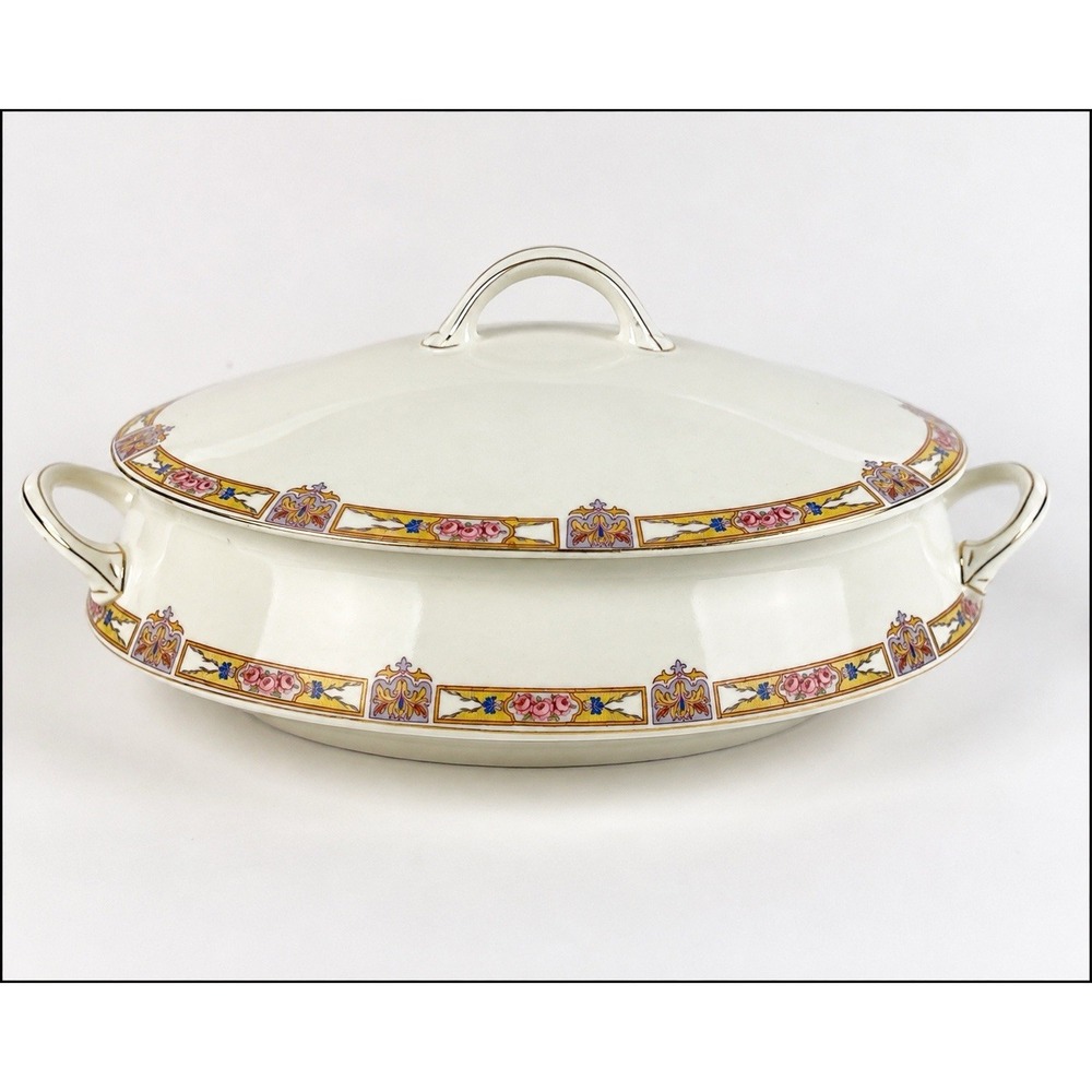 Vintage Steubenville 3526 Oval Covered Vegetable Dish Pink Roses Gold Trim